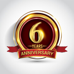 6th golden anniversary logo with ring and red ribbon isolated on white background