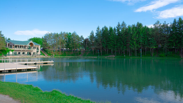 Beautiful lake greenery with blue sky