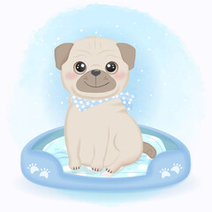 Cute pug sitting on mattress hand drawn cartoon watercolor illustration
