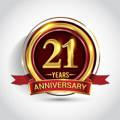 21st golden anniversary logo with ring and red ribbon isolated on white background