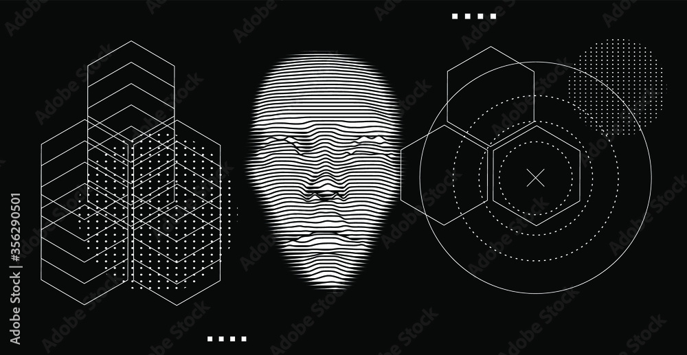 Poster artificial intelligence concept. 3d model of human face made of lines, op art surreal style.