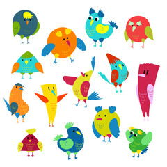 Cartoon colorful birds set. Color illustration. Drawing with no stroke