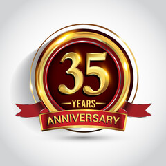 35th golden anniversary logo with ring and red ribbon isolated on white background