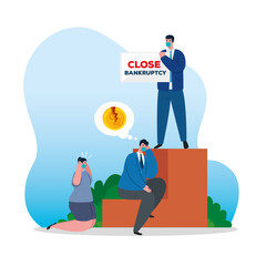 businesspeople with masks and broken coin design of bankruptcy and covid 19 virus theme Vector illustration
