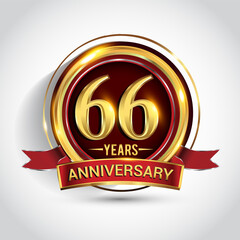 66th golden anniversary logo with ring and red ribbon isolated on white background