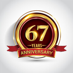 67th golden anniversary logo with ring and red ribbon isolated on white background