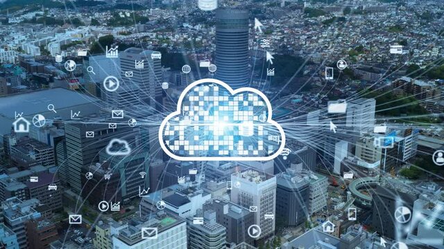 Cloud computing concept. Modern city aerial view and communication network. Smart city. 5G. IoT.