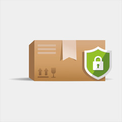Box icon, delivery and shipping. Cardboard package and green shield icon on a light background. For use in website, presentation, graphic design. Vector. 