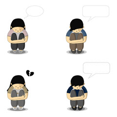 Obraz na płótnie Canvas Vector - Cartoon man and woman sitting hug leg with different speech bubble. Feeling bad, broken heart, lonely, sadness, Cyber bulling, blame. Copy space. Can be use for comic, print, paper note.