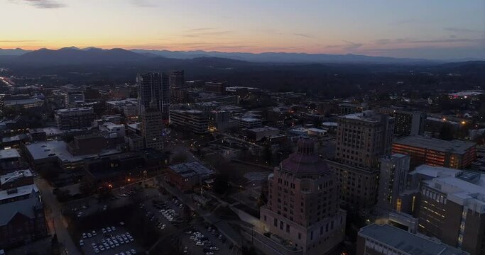 Downtown Asheville, NC at Sunset, Aerial Drone
