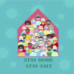 I Stay Home for Coronavirus Prevention: People with Medical Masks Supporting the Cause