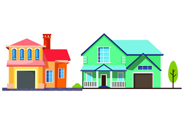 House building vector icons. Village home, cottage and villa, architecture, and real estate industry. The exterior of buildings with windows, roofs, doors, and garages Vector flat illustration.