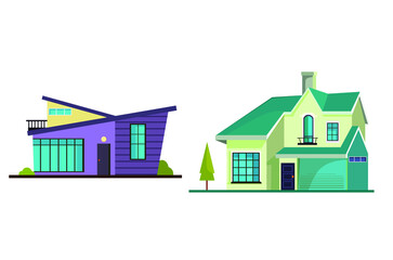House building vector icons. Village home, cottage and villa, architecture, and real estate industry. The exterior of buildings with windows, roofs, doors, and garages Vector flat illustration.