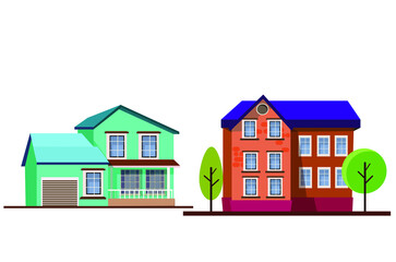 House building vector icons. Village home, cottage and villa, architecture, and real estate industry. The exterior of buildings with windows, roofs, doors, and garages Vector flat illustration.