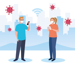 couple wearing medical mask communicating by smartphone, covid 19, social media coronavirus concept vector illustration design