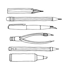 set of stationery, ballpoint pen, pencil, compass, vector illustration isolated on a white background with black ink contour lines in a doodle & hand drawn style