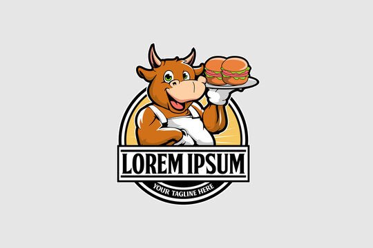 Cute chef bull cartoon character with burger food logo template