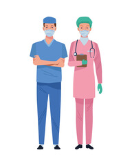 couple surgeons wearing medical masks characters