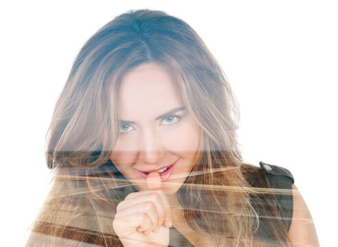 young woman showing negative sign on white background, double multiple exposure effect,combined images