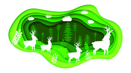 Eco Green Paper Cut Background Vector Nature Animal Clouds Forest With Deer