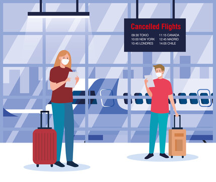 woman and man with medical masks and bags in front of airplane design, Cancelled flights travel and airport theme Vector illustration