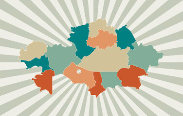 Kazakhstan map. Poster with map of the country in retro color palette. Shape of Kazakhstan with sunburst rays background. Vector illustration.