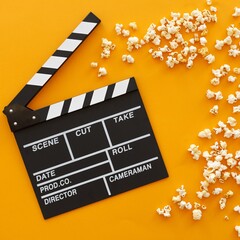 Filmmaking concept. Movie Clapperboard. Cinema begins with movie clappers. Top view. Copy space....