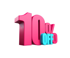 Bright pink, voluminous 3D inscription: 10% OFF, isolated on white background. Element for design discounts, design, sales, web. 3d render