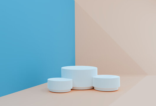 Peach-blue minimal scene , podiumfor cosmetic product presentation. Abstract background with geometric podium platform in pastel colors. Template for design, presentation, 3d Illustration