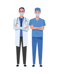 male doctor and surgeon wearing medical masks characters