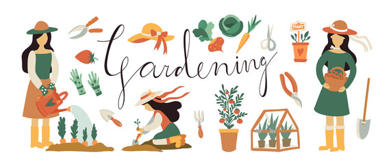 Fototapeta premium Girl horticultural plant. A young woman works in the garden or on the farm. Vector illustration with lettering Gardening. Flat stickers, cute garden tools
