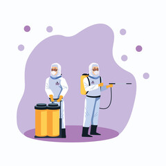biosafety workers with sprayers disinfectant and covid19 particles