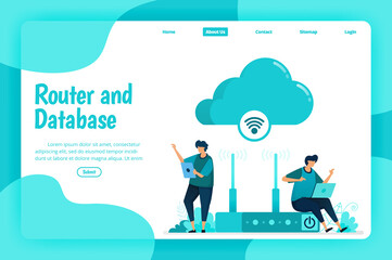 Landing page template of router and database service. Wifi network and infrastructure for internet connection and safe access. Illustration of landing page, website, mobile apps, poster, flyer