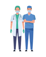 male doctor and surgeon wearing medical masks characters