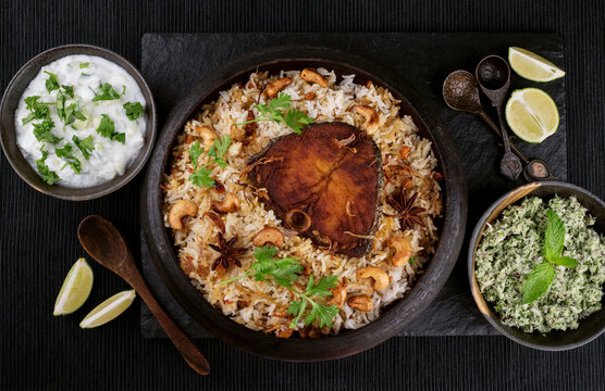 Delicious kingfish biryani top view