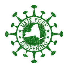 New York reopening stamp. Green round badge of US state with map of New York. US state opening after lockdown. Vector illustration.