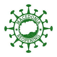 Macedonia reopening stamp. Green round badge of country with map of Macedonia. Country opening after lockdown. Vector illustration.