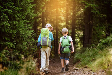 Group of children with backpacks trekking in green summer Carpathians