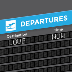 Unusual departures display board at airport terminal showing abstract international destination flight to love. Concepts: love, relationship, marriage, valentines day, dating, wedding, romance etc.