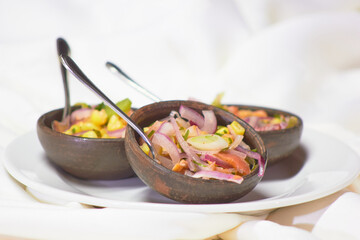 
ceviche in clay dish with white background