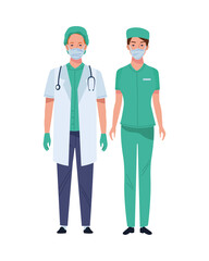 couple doctor and surgeon wearing medical masks characters