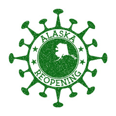 Alaska reopening stamp. Green round badge of US state with map of Alaska. US state opening after lockdown. Vector illustration.