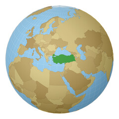 Globe centered to Turkey. Country highlighted with green color on world map. Satellite projection view. Vector illustration.