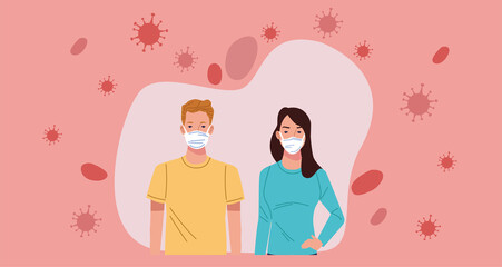 young couple wearing medical masks characters