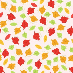 Autumn leaves seamless pattern. Colorful oak leaf background. Vector design for textile, wrapping paper.