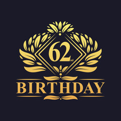 62 years Birthday Logo, Luxury Golden 62nd Birthday Celebration.