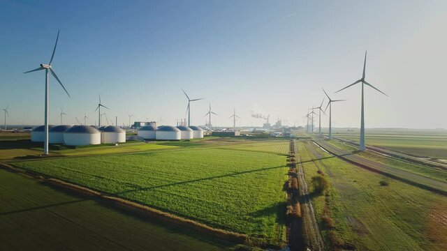 AERIAL WS Wind turbines in fields / Eemshaven, Groningen, the Netherlands