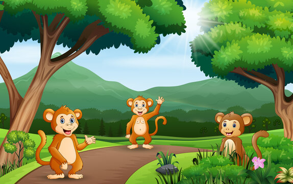 Background scene with three monkeys at the nature