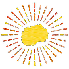 Sketch map of Macedonia. Sunburst around the country in flag colors. Hand drawn Macedonia shape with sun rays on white background. Vector illustration.