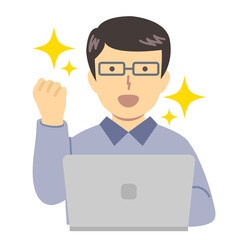 青い服の男性/喜び